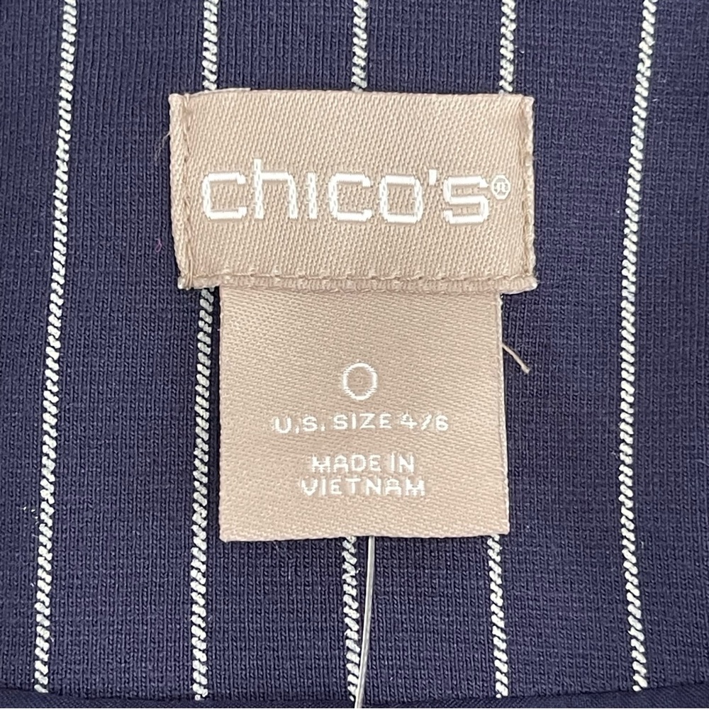 Chicos Blazer Jacket Womens 4/6 Navy White Pinstripe Ruffle Sleeve Office - Picture 3 of 10